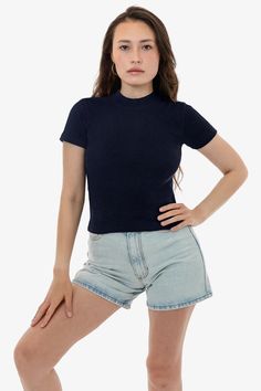 14R309 - 14/1 Rib Mock Neck Top – Los Angeles Apparel Fitted Basic Ribbed T-shirt, Everyday Blue Ribbed Tops, Basic Ribbed Cotton Tops, Fitted Blue Ribbed T-shirt, Solid Ribbed Cotton Top, Basic Fitted Ribbed Top, Basic Top With Ribbed Neckline, Basic Ribbed Fitted Top, Basic Solid Top With Ribbed Neckline