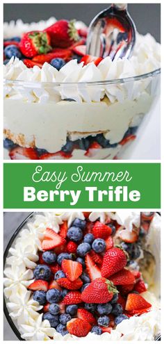 an easy summer berry trifle with whipped cream and strawberries in the bowl is ready to be eaten