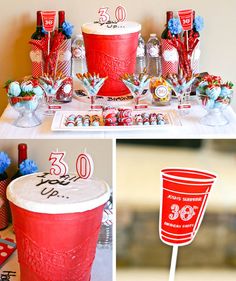 the table is decorated with red cups and candy