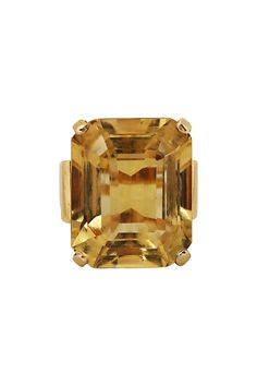 A boldly scaled Retro ring featuring a magnificent citrine of approximately 40 carats highlighted at either side by a tailored trio of graduating scrolls of gold. CREATOR Unknown PERIOD Retro STONE Citrine STONE CUT Rectangular Step Cut INVENTORY NUMBER 19554 PLACE OF ORIGIN United States METAL 14K Yellow Gold CONDITION Excellent Timeless Yellow Gemstone Jewelry, Classic Citrine Gemstone Jewelry, Luxury Amber Jewelry For Formal Occasions, Classic Yellow Sapphire Gemstone Jewelry, Classic Hallmarked Citrine Jewelry, Elegant Faceted Citrine Rings, Yellow Gold Citrine Topaz Ring, Emerald Cut, Timeless Citrine Gemstone Rings, Citrine Fine Jewelry For Formal Occasions