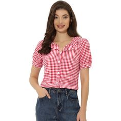 This Allegra K shirt is perfect for creating an ultra-feminine look with a statement Peter Pan collar. It's designed with a puff sleeve. The plaid and full placket highlights the perfect short sleeves with the button-down closure of this soft and straight shirt. This cute Peter Pan collar with lace trim will make you love this cute Gingham Puff Sleeve Ruffle Sleeves shirt top. Plaid Puff Sleeve Cotton Top, Fitted Plaid Puff Sleeve Blouse, Plaid Fitted Blouse With Puff Sleeves, Plaid Cotton Top With Puff Sleeves, Fitted Plaid Blouse With Puff Sleeves, Casual Plaid Top With Puff Sleeves, Casual Gingham Puff Sleeve Blouse, Fitted Gingham Blouse With Puff Sleeves, Red Puff Sleeve Top For Spring