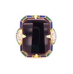 An Art Deco ring in 14ct yellow gold with blue and green enamel with central rectangular onyx and round brilliant cut diamond on either side.  Size K and can be resized.  Very minor wear to some enamel commensurate with age. Art Deco Enamel Rings For Formal Occasions, Art Deco Yellow Gold Enamel Ring For Formal Occasions, Formal Yellow Gold Art Deco Enamel Ring, Art Deco Formal Yellow Gold Enamel Ring, Art Deco Enamel Ring As A Gift, Art Deco Enamel Ring As Gift, Formal Art Deco Yellow Gold Enamel Ring, Formal Enamel Ring With Gemstone, Elegant Formal Enamel Ring