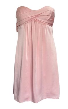 This BCBG Maxazria dress features a light pink satin material, a strapless design, and an adorable oversized bow at the back. It also has a fitted silhouette and a convenient side zip fastening.Materials: PolyesterDry Clean Only Pink Strapless Dress With Straight Neckline For Formal Occasions, Pink Satin Strapless Dress For Spring, Pink Strapless Dress With Ruched Bodice For Formal Events, Pink Strapless Dress For Formal Occasions, Formal Pink Strapless Dress, Pink Satin Dress With Spaghetti Straps For Evening, Pink Sleeveless Satin Dress For Evening, Pink Satin Strapless Dress For Summer, Pink Satin Mini Dress For Formal Occasions