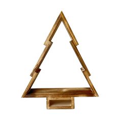 a wooden shelf with two shelves in the shape of a triangle