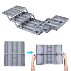 the bottom section of a plastic storage box with two sections open and one section closed