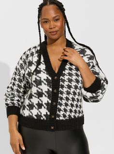 Cardigan V-Neck Button Front Crop SweaterCardigan V-Neck Button Front Crop Sweater, DEEP BLACK HOUNDSTOOTH Cropped Cardigan Sweater, Black Houndstooth, Button Front Cardigan, White Houndstooth, Crop Sweater, Plus Size Sweaters, Feel Pretty, V Neck Cardigan, Deep Black