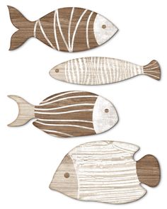 three wooden fish cutouts with different patterns and colors on the sides, one is brown and