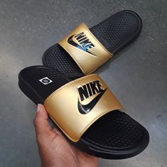 Wmns Nike Benassi Slides Just Do It Pinks Oranges Casual Gold Synthetic Slides, Gold Casual Slip-on Slides, Casual Gold Slides For Spring, Nike Benassi Slides, Nike Benassi, Nike Gold, Just Do It, Slides, Black Color