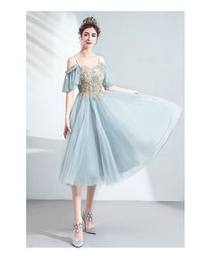 Buy Dusty Green Blue Tea Length Party Dress With Straps at wholesale price online. Free shipping and pro custom service since 2009. Light Blue Knee-length Dress For Banquet, Blue Spring Banquet Dress, Light Blue Stretch Dress For Evening, Stretch Light Blue Dress For Evening, Blue A-line Evening Dress For Spring, Light Blue Knee-length Dress For Banquets, Spring Prom Midi Dress With Stretch, Spring Prom Stretch Midi Dress, Spring Banquet Stretch Midi Dress