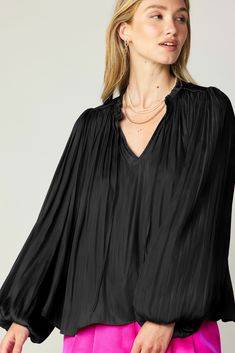 Delicate pleats enhance the billowy shape if this long-sleeve blouse. Featuring a split neckline with ruffle trim and tie detailing, it's loose, floaty, and incredibly romantic. •Split neckline with self-tie •Ruffle trim •Pleat detailing •Long sleeves with elasticized cuffs •Relaxed fit item number 2330055 100% Polyester Hand wash cold Pleated Top, Pleated Blouse, Puff Sleeve Blouse, Tie Blouse, Romantic Style, Full Sleeves, Sheer Top, Ruffle Trim, Black Blouse