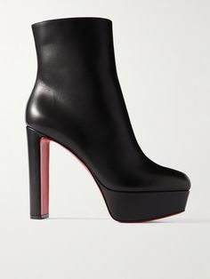 Christian Louboutin's 'Movida' ankle boots are set on towering 130mm heels balanced by 40mm platforms. They've been made in Italy from supple black leather and kick up to reveal the iconic red soles when you walk. Show them off with midi and mini hems. 130mm Heels, Boots 2024, Louboutin Boots, Designer Ankle Boots, Christian Louboutin Boots, Patent Leather Boots, Louboutin Heels, Shoes Boots Ankle, Christian Louboutin Women