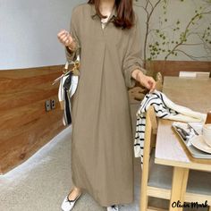 Olivia Mark - Solid Color Mandarin Collar Cotton Linen Long Sleeve Minimalist Loose Casual Maxi Dress V Neck Long Sleeve Dress, Light Dress, Long Sleeve Casual Dress, Green Style, Long Dress Casual, Elegant Dresses Long, Khaki Dress, Patchwork Dress, Maxi Dress Green