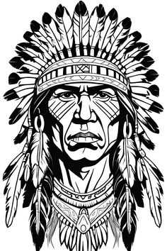 Line drawing Portrait of a native American chief with his tribal headdress. Native Chief Drawing, Native American Headdress Art, Native American Headdress Tattoo, Native American Art Drawings, Native American Drawings, Native American Chief Tattoo, Indian Chief Tattoo, Native American Svg, Native Indian Tattoos