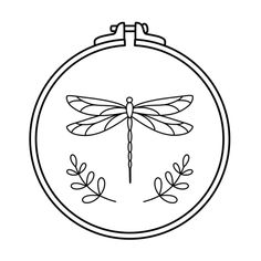 a black and white drawing of a dragonfly on a round ornament with leaves