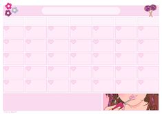 a pink calendar with hearts and flowers on the front, and an image of a woman's face