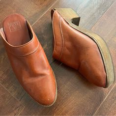 Do Have Wear And That Darker Mark On One Of The Wood Parts Of The Clog As Shown. Small Marks. Brown Wood Slip-on Clogs, Brown Non-slip Clogs, Brown Open Toe Clogs With Cork-bed Midsoles, Brown Leather Clogs With 4-inch Heel, Brown Clogs With Buckle Closure, Medium Width, Frye Shoes, Dark Mark, Mule Clogs, Mules Shoes