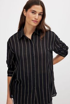 Cuff Detail Oversized Shirt Blue | NA-KD Marine Stripe, Tops Fall Outfits, Low Waist Jeans, Shirt Cuff, Cuff Detail, Sleepwear Sets, Fall Jackets, Tops Fall, Navy Stripes