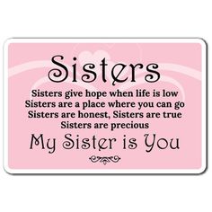 a pink card with the words sisters on it and an image of a heart in the middle