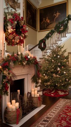 a decorated christmas tree in front of a fireplace with candles and wreaths on it