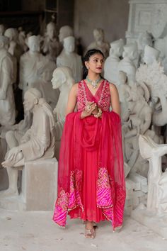 Hot Pink Anarkali Suit Deep V Neck Sleeveless Hand Embroidery Anarkali Dupatta Dress Indian Wedding Ethnic Wear Readymade Anarkali Dress Item Contain - Anarkali Suit with Dupatta  Material : Chinnon Silk, Organza  Color : Hot  Pink Work : Hand Embroidery Work Top Length : 50 Bottom Length :  Size chart attached in images mentions garment measurements in inches. For any sizing queries or getting a customized fit, please message us on Etsy. WASH & CARE Gentle hand wash separately from other garmen Sleeveless Georgette Salwar Kameez For Reception, Sleeveless Salwar Kameez For Eid Reception, Sleeveless Chanderi Traditional Wear For Reception, Sleeveless Georgette Traditional Wear For Wedding, Semi-stitched Sleeveless Anarkali Set With Cutdana, Traditional Sleeveless Salwar Kameez For Reception, Designer Lehenga For Eid, Sleeveless, Designer Sleeveless Lehenga For Eid, Sleeveless Traditional Wear With Intricate Embroidery For Weddings