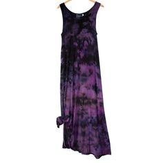 "You'll love this tie-dye maxi dress from Masha Apparel. Made from extremely soft and comfortable cotton, this long tie-dye maxi dress features beautiful drapey sleeves and a flattering classic relaxed fit. The purple and violet blooms create a unique print that makes it easy to pair with simple tights and booties for everyday wear. Sizing (in inches): Bust: S: 36\" M: 38\" L: 40\" XL: 42\" 2XL: 45\" 3XL: 48\"  Made and Dyed in Toronto, Canada." Flowy Tie-dye Dress, Hand Dyed Maxi Dress, Flowy Hand-dyed Tie Dye Dresses, Flowy Hand-dyed Tie-dye Dresses, Flowy Hand Dyed Tie Dye Maxi Dress, Flowy Tie-dye Hand Dyed Maxi Dress, Spring Tie Dye Flowy Maxi Dress, Casual Hand-dyed Summer Maxi Dress, Casual Hand Dyed Maxi Dress For Festivals