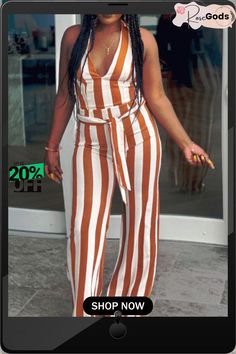 Stripe Print Hang Neck Jumpsuit with Belt Striped V-neck Jumpsuits And Rompers For Summer, Brown Summer Jumpsuits And Rompers, Trendy Beach Overall Jumpsuits And Rompers, Brown Jumpsuits And Rompers For Summer Vacation, Chic Orange Jumpsuits And Rompers For Vacation, Trendy Beach Overalls And Rompers, Brown Summer Jumpsuits For Vacation, Chic Orange Jumpsuit And Romper For Vacation, Chic Brown Jumpsuits And Rompers For Summer