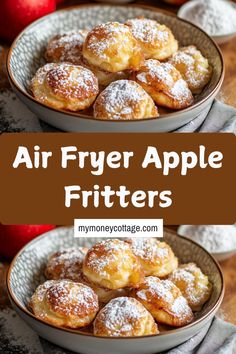 air fryer apple fritters in a bowl with apples and cinnamon on the side