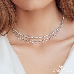 Shy Creation Diamond Necklace in 14 karat white gold with diamonds totaling 2.12 carats. Exquisite Diamond Necklace, Diamond Drop Necklace, Real Diamond Necklace, The Bling Ring, Diamond Tennis Necklace, Studded Necklace, Pear Cut Diamond, Gold Diamond Necklace, White Gold Necklaces