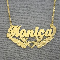 "*Average Name Pendant Width : 1 3/4 Inch (4.5 cm) Approx. *Up to 9 Letters. *Pendant Thickness : 0.5 mm / 25 Gauge / 0.020\" *Premium high end quality personalized laser cut out any letters/numbers in 10kt or 14kt solid yellow or white gold personalized name necklace, this item comes with split sturdy 1.25 mm Flat Rollo chain from 15~20 inches, name pendant length not included on length option. *This pendant cut out by latest technology laser machine, top quality guaranteed. *All personalized j Customized Yellow Gold Heart Jewelry, Gold Custom Necklace For Wedding, Customized Heart-shaped Yellow Gold Jewelry, Customizable Gold Necklace For Wedding, Yellow Gold Heart Jewelry With Name, Customizable Gold Wedding Necklace, Yellow Gold Heart-shaped Jewelry With Name, Heart Charm Nameplate Jewelry For Anniversary, Heart Charm Nameplate Jewelry For Anniversary Gift