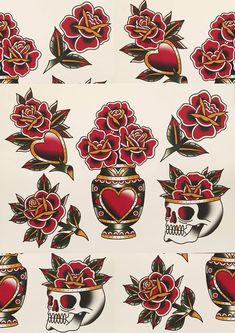 several images of skulls and roses with hearts on their faces, all in different colors