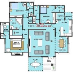 the floor plan for an apartment with three bedroom and two bathroom areas, including one living room