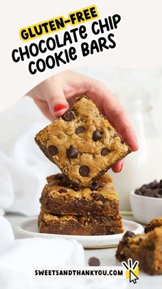 gluten - free chocolate chip cookie bars stacked on top of each other with text overlay