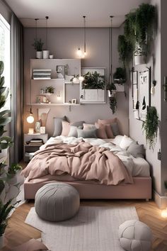 the bedroom is decorated in neutral colors and has plants on the shelves above the bed