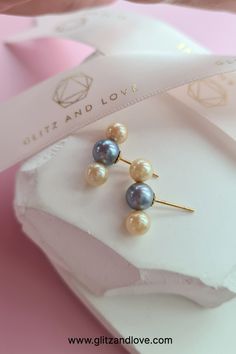 Trinity Silver Blue and Gold Akoya Pearl 18K Gold Stud Earrings - 5mm+ & 6mm+ Bar Stud Earrings, Bar Studs, Akoya Pearls, Blue Pearl, Silver Blue, Gold Earrings Studs, Gold Studs, Pearl Jewelry, Timeless Style