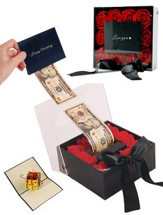 a gift box filled with money and roses