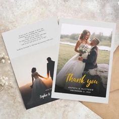 two wedding thank cards on top of an envelope