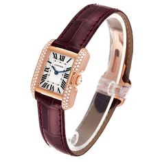 Cartier Tank Anglaise Rose Gold Silver Dial Diamond Ladies Watch WT100013. Quartz movement. 18K rose gold case 30.2 x 22.7 mm. Circular grained crown set with the diamond. Original Cartier factory diamond bezel. Scratch resistant sapphire crystal. Flinque and silvered dial with black Roman numerals. Sword shaped blued steel hands. Secret Cartier signature at X. Custom burgundy leather strap with Cartier 18K rose gold deployant buckle. Luxury Rectangular Dial Anniversary Watch, Formal Rose Gold Diamond Watch With Rectangular Dial, Luxury Formal Watches With Bracelet Strap, Luxury Watches With Bracelet Strap, Luxury Anniversary Watches With Bracelet Strap, Luxury Anniversary Watch With Bracelet Strap, Luxury Formal Diamond Watch With Bracelet Strap, Luxury Diamond Watch With Bracelet Strap For Formal Occasions, Luxury Cartier Watch With Rectangular Dial