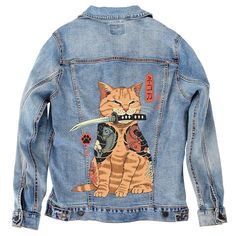 Denim INK Catana by Vincent Trinidad Denim Jacket Jeans Jacket Painting, Custom Denim Jacket Paint, Denim Jacket Design, Denim Jacket Art Paint, Painted Denim Jacket Ideas, Clothing Art, Denim Jacket Art, Jean Jacket Art, Jacket Painting