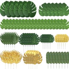 a collection of green and gold leaf shapes