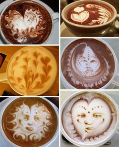 four different types of coffees with faces drawn on them