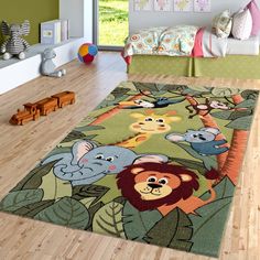 a child's bedroom with green walls and flooring, including an animal rug