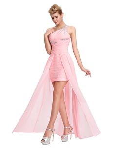 Elegant One Shoulder Pink Short Front Long Back Chiffon Bridesmaid Dress - Uniqistic.com Pink Prom Dresses Short, Long Back Dress, Prom Dresses Corset, Prom Dresses Sparkly, Prom Dresses Long Mermaid, Pink Prom Dress, Blue Dress Formal, Beaded Chiffon, Formal Dresses Short