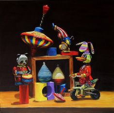 a painting of some toys on a table and in the background is a black backdrop