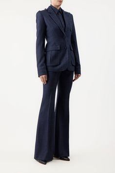 Louisa Blazer – Gabriela Hearst Tailored Long Sleeve Wool Blazer, Tailored Blue Wool Blazer, Luxury Blue Wool Blazer, Blue Wool Blazer With Button Closure, Luxury Wool Single-breasted Blazer, Utilitarian Style, Trouser Style, Trouser Suits, Dark Navy