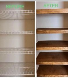 before and after photos of shelving in a closet with wood shelves, white walls and green lettering