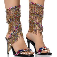 There’s Nothing Strange About Our Love For The Azalea Wang " Cascaded Gems " Embellished Sandal In Multi. These Glitzy Sandals Feature A Faux Leather Upper, An Open Almond Toe Silhouette, A Cushioned Faux Leather Insole, And A Slim Stiletto Heel. Complete With A Gemstone-Embellished Foot Band And A Coordinating, Rhinestone Link Fringe Trim Coiled Ankle Band. Pair With Distressed Denim For A Dose Of Casual Cool. - Faux Leather Upper - Open Almond Toe - Stiletto Heel - 3.75” Heel Height - 4.5” Spi Exotic Shoes, Fairytale House, Character Clothing, Ugly Shoes, Fun House, Azalea Wang, Exclusive Shoes, Fairytale Fantasy, Fancy Shoes