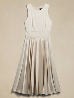 Ness Pleated Satin Midi Dress | Banana Republic Couture, Defined Waist, Comfy Chic, Pleated Maxi, Pleated Maxi Dress, Satin Midi Dress, Invisible Zip, Full Skirt, Pleated Dress