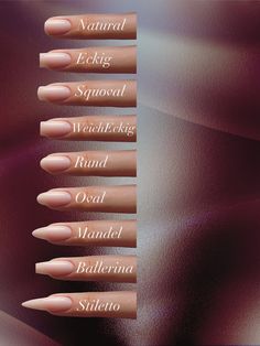 Bailarina Nail Shape, Nails Design Names, Name Of Nail Shapes, Nail Shapes And Names, Flair Nails Shape, Fake Nails Inspiration, Nail Ideas Extensions, Nails Sizes Shape Chart, Nails Sizes Shape