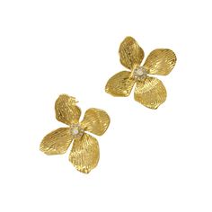 * 14k yellow gold vermeil over brass * Post back * 1.25" wide x 1.25" tall Ginkgo Earrings, Flower Crystal, Stud Earrings Gold, Floral Studs, Female Empowerment, Flower Stud Earrings, Pearl Crystal, Flower Stud, Pearl Flower