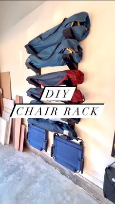 there are many pieces of luggage hanging on the wall with words diy chair rack